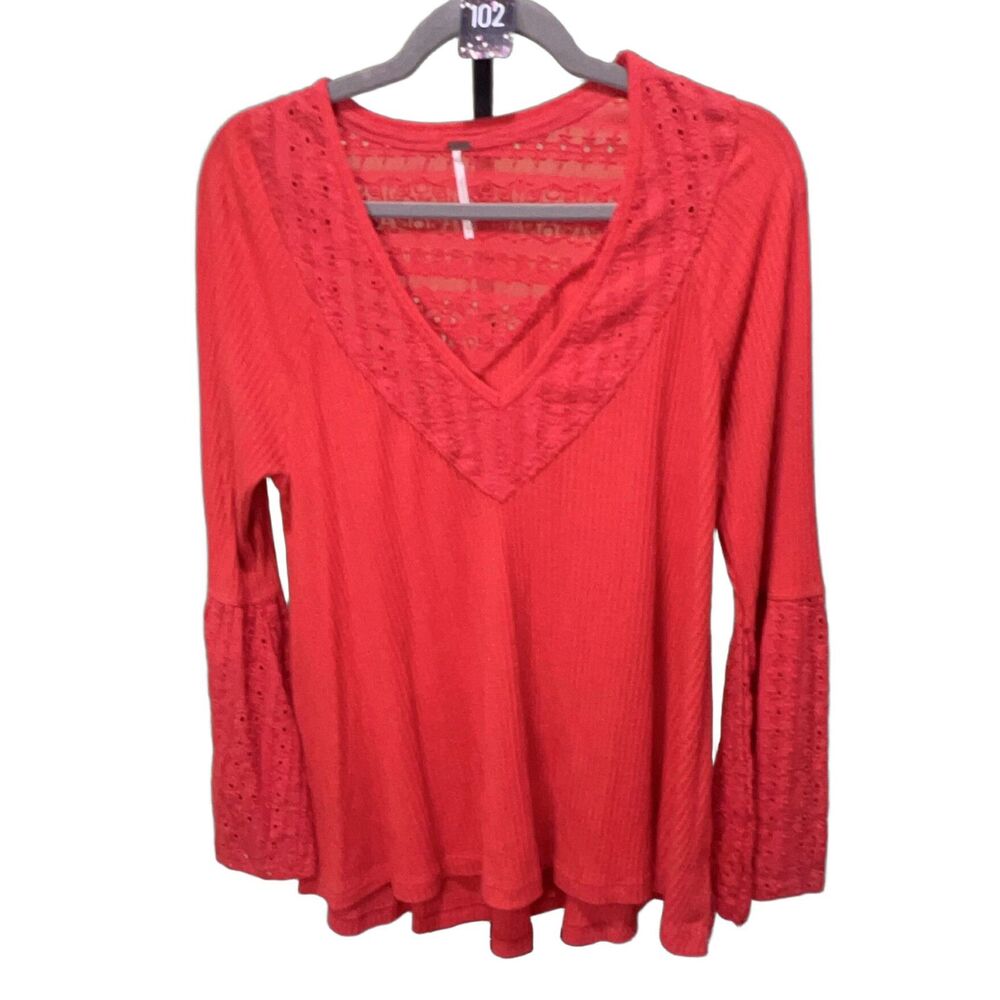 Free People Women's Red V-Neck Long Bell Sleeve Knit Top Lace Trim Boho Size S